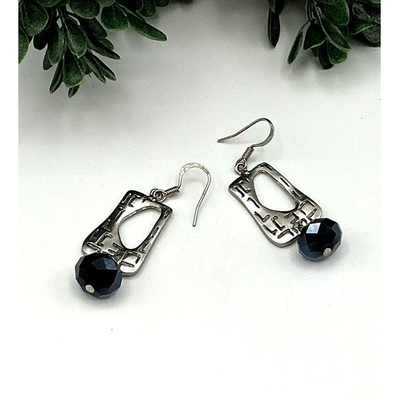 Silver Tone Geometric Drop Earrings With Black Faceted Beads - Picture 3 of 7